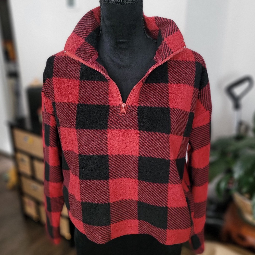 Cozie by Pink Rose Buffalo Plaid Quarter Zip Fleece Pullover Red Black Small